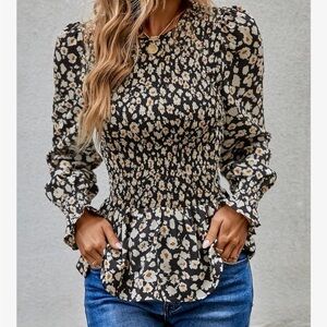 Floral Smocked Black and Cream Women's Top